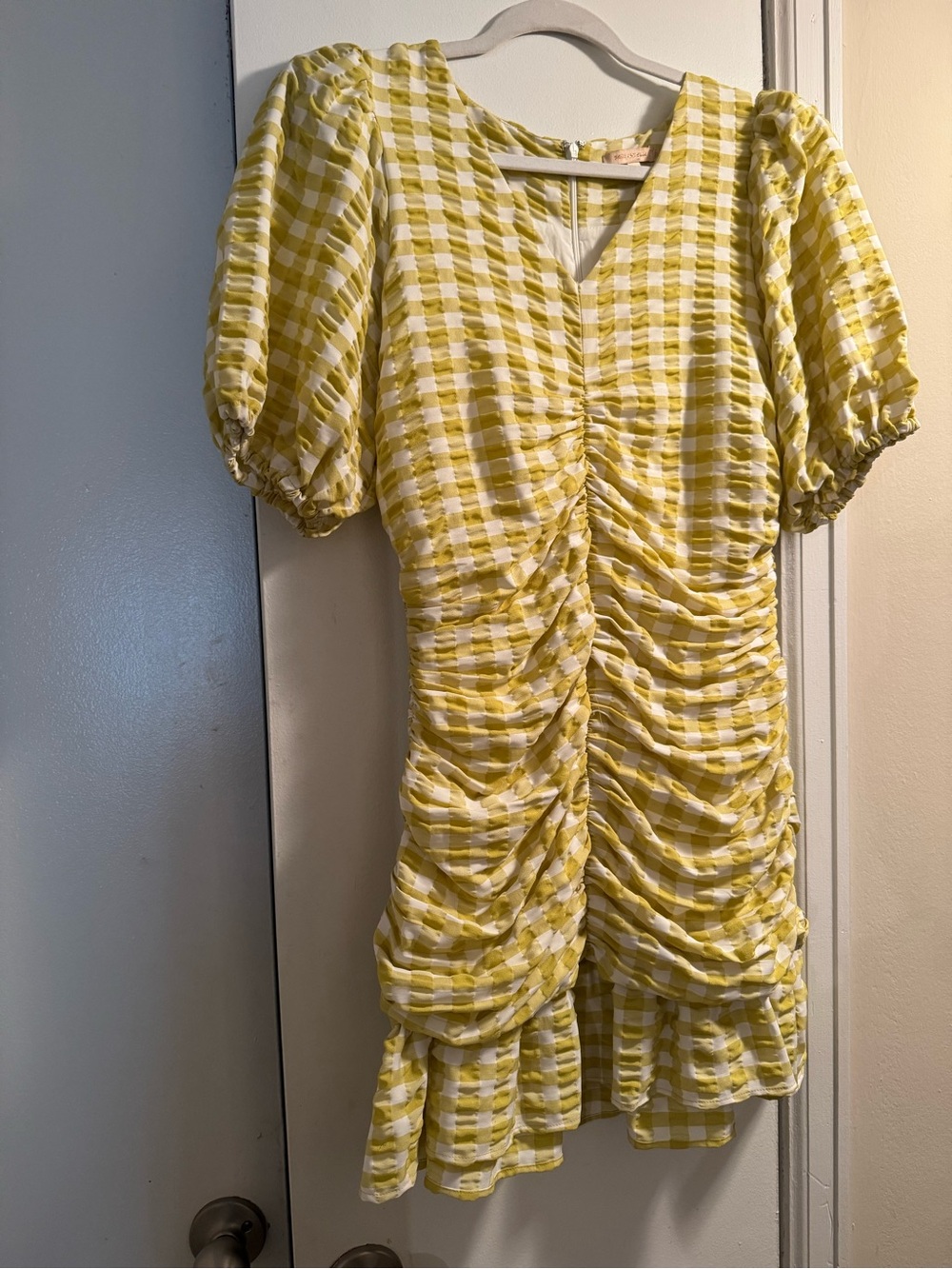 Yellow & White Gingham Ruched Mini Dress